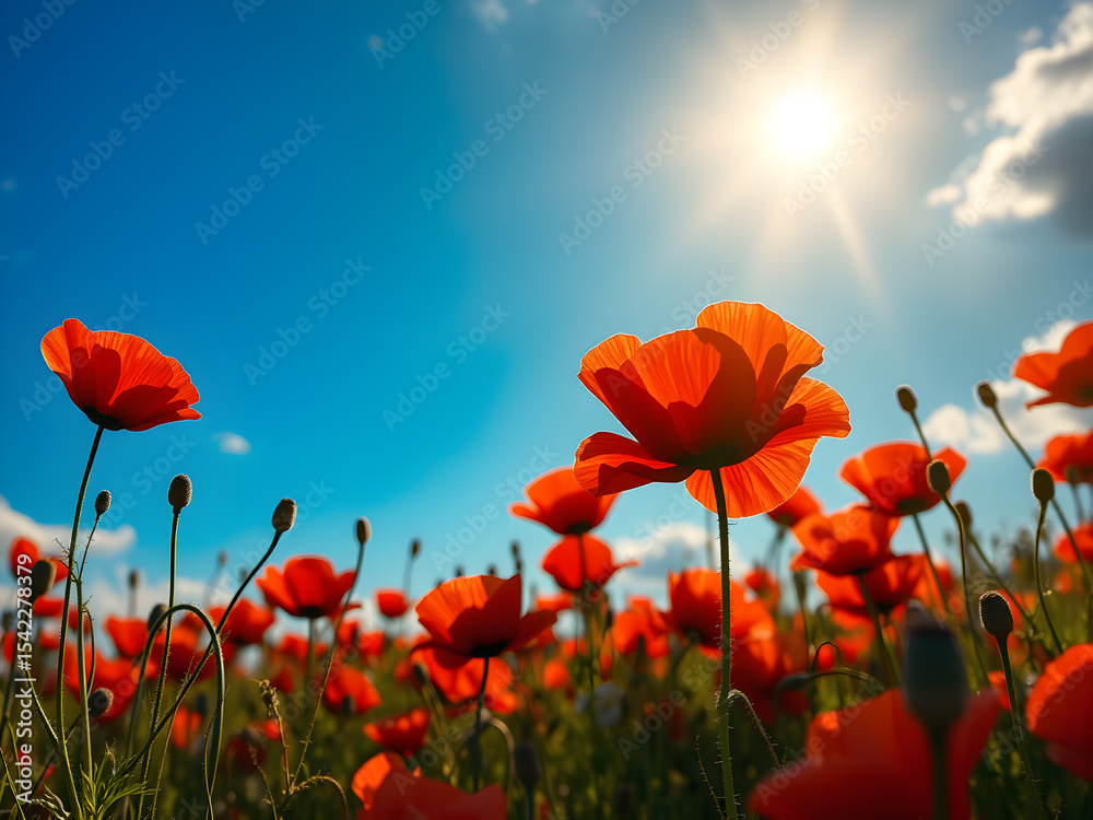 Obraz premium Field of corn red poppy flowers against a blue sky. Romantic view of a vibrant wild blooming red poppies in the sun light.