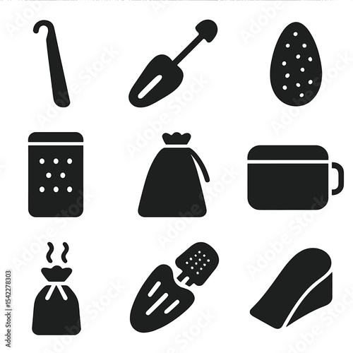 Shoe Care Essentials Icons. Solid style icons of shoe care accessories: shoehorn, shoe tree, cedar insert, dehumidifier pack, shoe