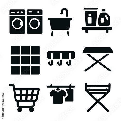 Laundry Room Essentials. Solid style icons of laundry space: washer and dryer, utility sink, laundry shelf, detergent set, tiled