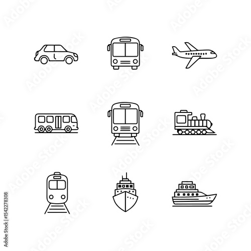 Various modes of transport depicted with line drawings car bus airplane train ship et al