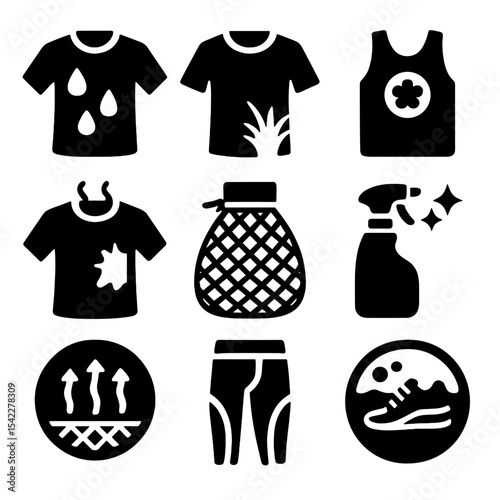 Sports Clothing Care Icons. Solid style icons of sports clothing care: sweaty jersey, grass stain, odor control, quick dry, wash