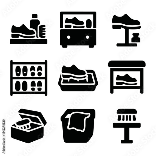 Shoe Cleaning Icons. Solid style icons of shoe cleaning stations: countertop setup, drawer kit, polish stand, home shoe rack,