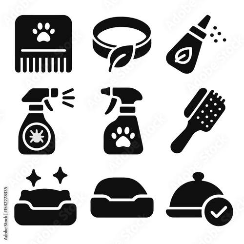 Pet-Safe Pest Control Icons. Solid style icons of pet-safe pest control: flea comb, herbal collar, diatomaceous dust, citrus spray