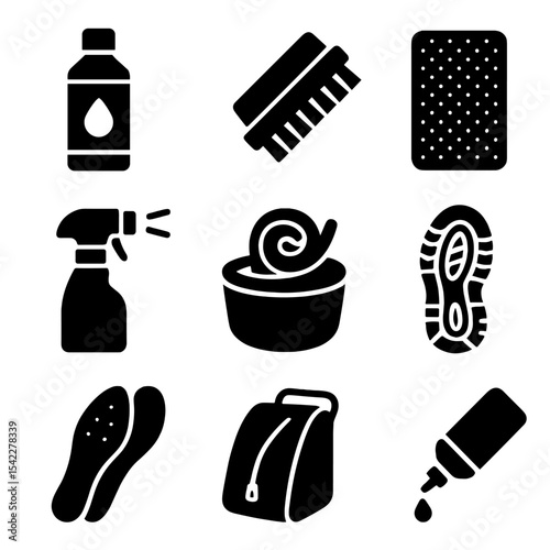 Athletic Shoe Care Icons. Solid style icons of athletic shoe care: sneaker cleaner, foam brush, mesh scrubber, deodorizer spray,