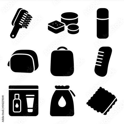 Shoe Care Essentials. Solid style icons of shoe care for travel: foldable brush, mini cleaner kit, polish stick, travel pouch,