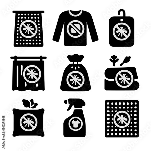 Insect Repelling Fabrics. Solid style icons of insect repelling fabrics: treated net, bug-repellent clothing, citronella patch,