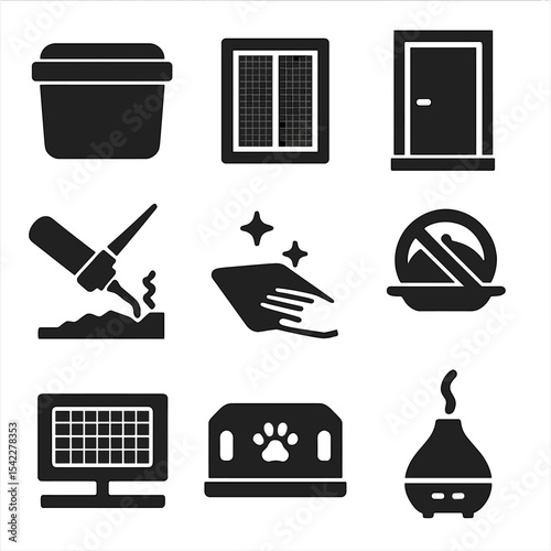 Indoor Pest Control Icons. Solid style icons of indoor pest prevention: sealed container, window screen, door sweep, crack sealant