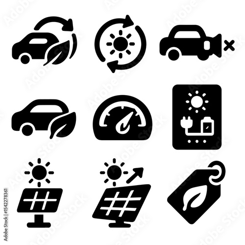 Sustainable Vehicle Icons. Solid style icons of sustainable vehicle features: zero emission icon, renewable energy symbol, quiet