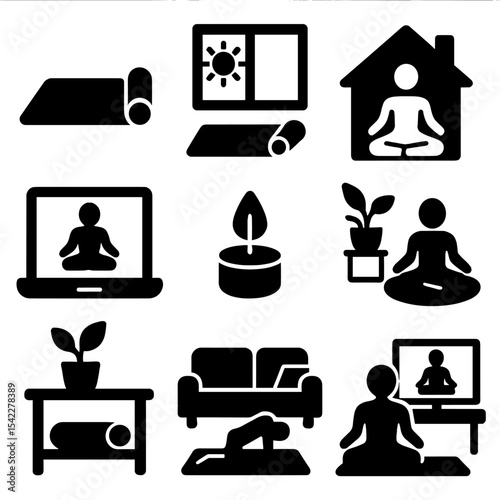 Home Yoga Essentials. Solid style icons of yoga at home: indoor mat, window light, home instructor, online screen, floor candle,