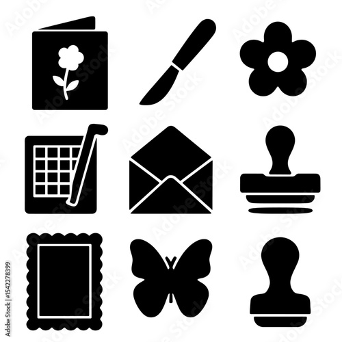 Card Making Tools Icons. Solid style icons of card making: folded card, scoring tool, embellishment piece, paper cutter, envelope