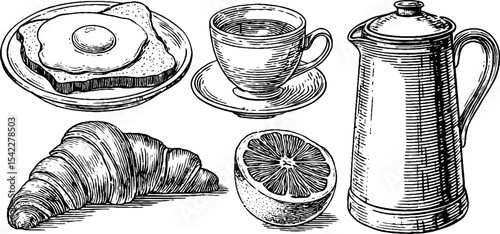 Breakfast essentials with fried egg on toast, croissant, coffee, and copper coffee pot