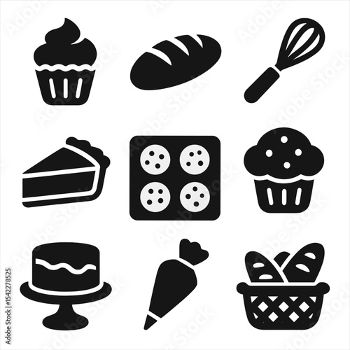 Bakery Icon Set. Solid style icons of bakery and desserts: cupcake icon, loaf of bread, icing whisk, pie slice, cookie tray,