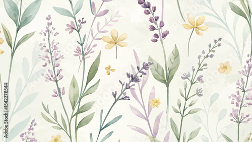Watercolor lavender and yellow floral seamless pattern