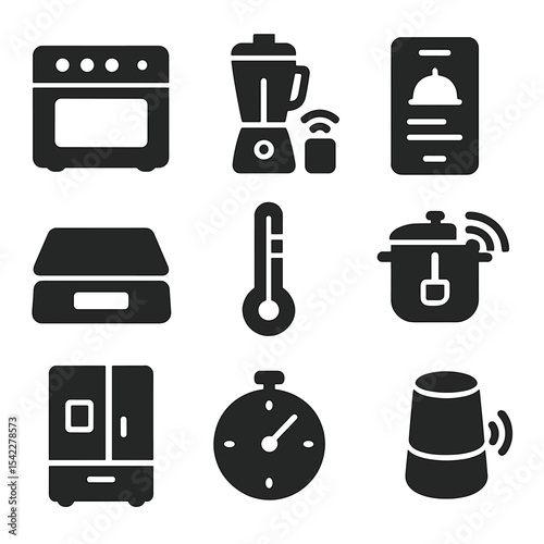 Smart Kitchen Icons. Solid style icons of smart kitchen tools: smart oven, app-controlled blender, recipe screen, digital scale,