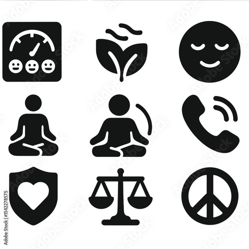 Mental Wellness Icons. Solid style icons of mental wellness tools: mood tracker, breathing icon, reflection journal, calm face,