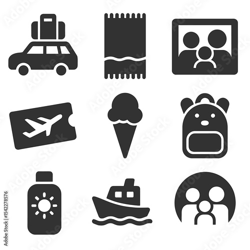 Family Holiday Icons. Solid style icons of family holiday: packed car, beach towel, family photo, ticket icon, ice cream icon,