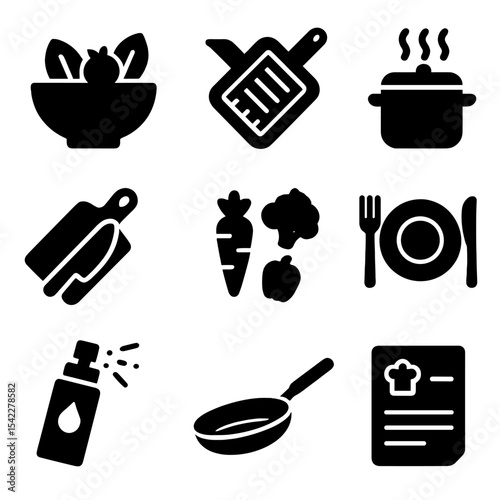 Healthy Cooking Icons. Solid style icons of healthy cooking: salad bowl, grill pan, steaming pot, chopping board, vegetable icons,