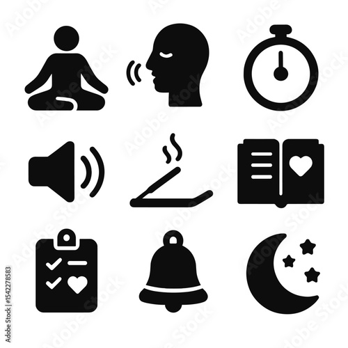 Meditation Icons Set. Solid style icons of meditation routine: seated figure, breathing guide, calm timer, ambient sound, incense
