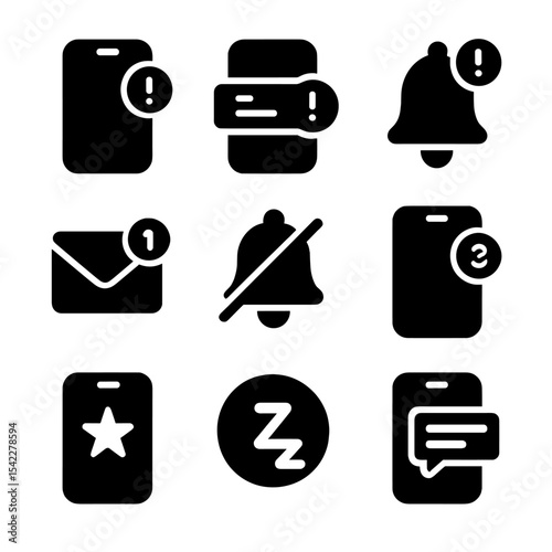 Mobile Notification Icons. Solid style icons of mobile UI notifications: alert badge, push notification, bell icon, inbox ping,