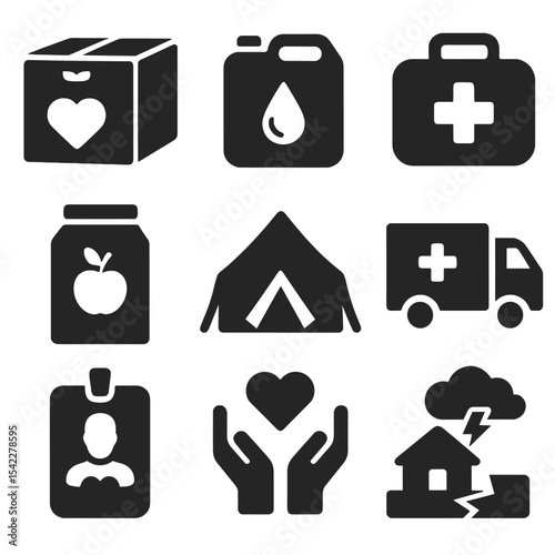 Humanitarian Aid Icons. Solid style icons of humanitarian aid: relief box, water container, first aid, food package, shelter tent,