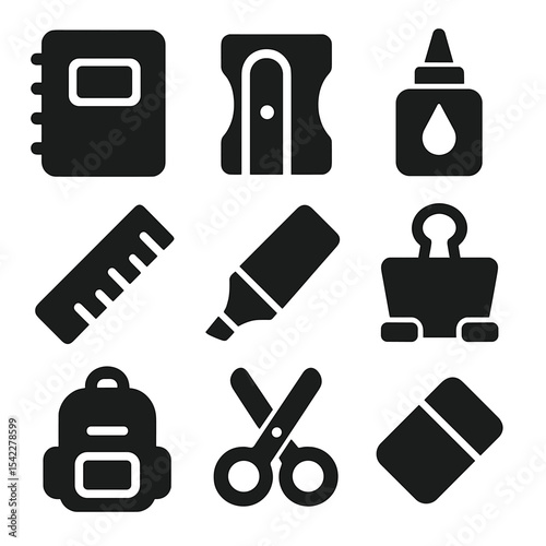 School Supplies Icons. Solid style icons of school supplies: notebook icon, pencil sharpener, glue bottle, ruler icon, highlighter
