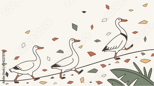 Three white geese walking in a row with falling colorful geometric shapes and green leaves on the bottom