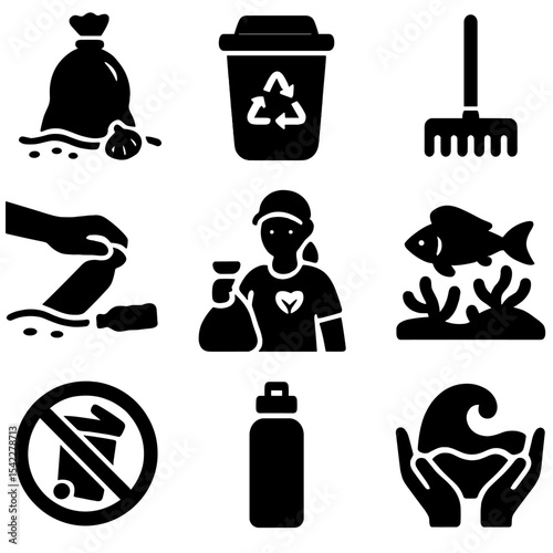 Beach Cleanup Icons. Solid style icons of beach cleanup and eco care: trash bag on sand, recycle bin, beach rake, picking plastic,