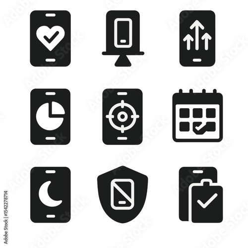 Healthy App Habit Icons. Solid style icons of healthy app habits: mindful choice icon, digital balance app, screen streak tracker,