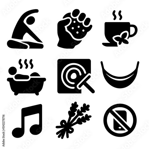 Stress Relief Icons. Solid style icons of stress relief methods: yoga stretch, stress ball, herbal tea cup, relaxing bath, zen
