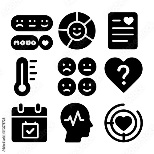 Emotional Check-In Icons. Solid style icons of emotional check-in: smiley scale, mood wheel, journal prompt card, feelings
