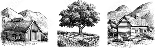 Rural landscapes with barn, tree, and cottage in black and white line art for artistic design