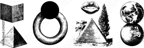 Set of geometric shapes and engravings featuring cubes, prisms, torus, pyramids, spheres, and natural elements