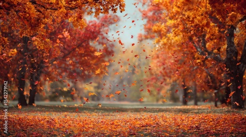 Serene Fall Landscape with Bright Orange and Red Foliage and Falling Leaves in a Peaceful Park Setting, Concept of Nature, Travel, and Outdoor Adventure