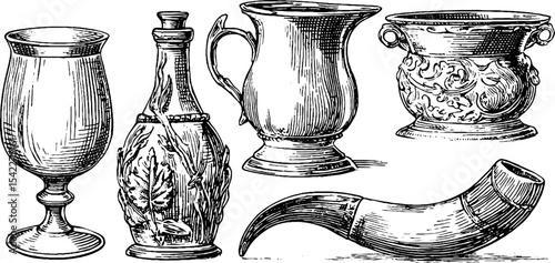 Vintage drinkware collection featuring georgian mulled cider jug and tudor mead cup