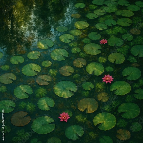 Serene pond with green lily pads and vibrant pink water lilies in sunlight