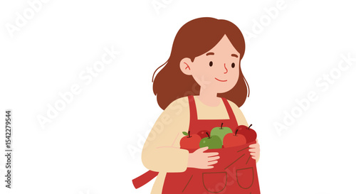Girl in an apron, cheerful, holding apples, smiling happily