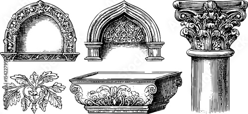Intricate gothic archivolt and byzantine mosaic niches for architectural design