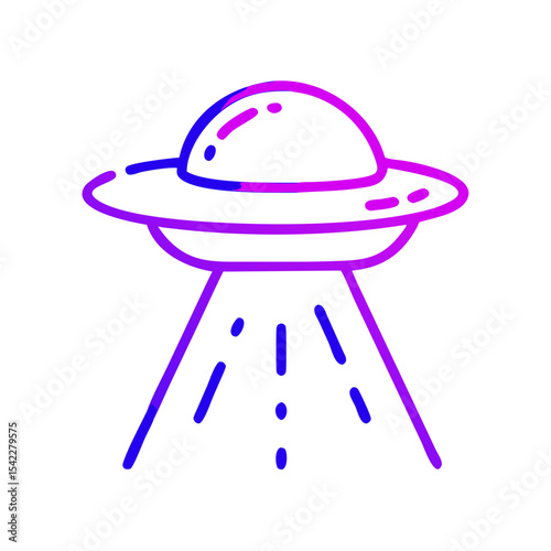 Cartoon alien spaceship with beam of light in purple tones  