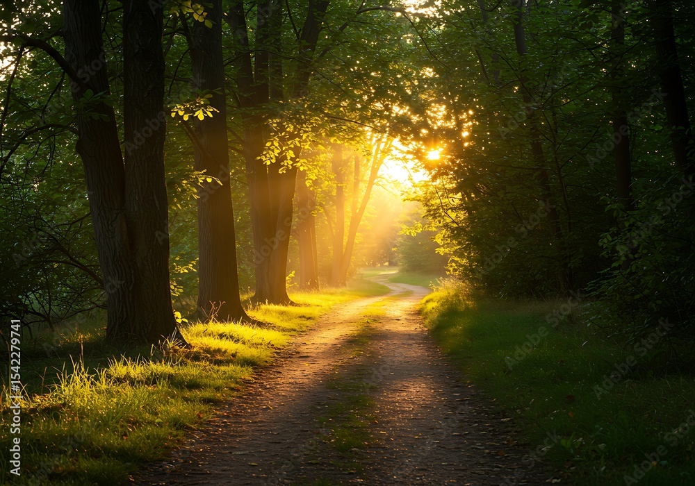 Fototapeta premium Serene Sunrise in Lush Green Forest with Sun Rays Illuminating Winding Dirt Path and Tranquil Natural Landscape, Peaceful Woodland Trail Morning Light