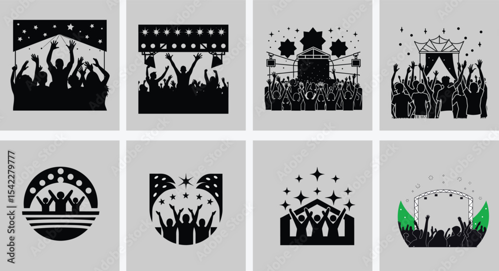 Fototapeta premium Festival Crowd with Hands Raised Silhouette