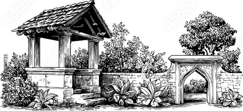 Gothic hammerbeam roof and tudor stone bay architectural design for historical illustration