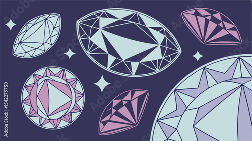 Illustration of several cut gemstones in various shapes and colors on a dark blue background design art