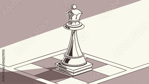 Illustration of a single chess queen piece standing on a checkered board with a light background area