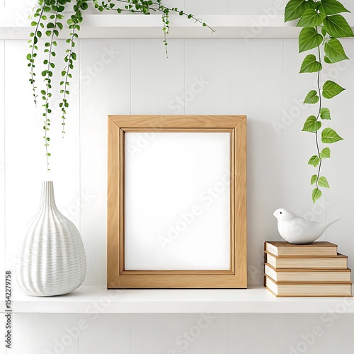 Blank wooden frame mockup on white shelf with plants