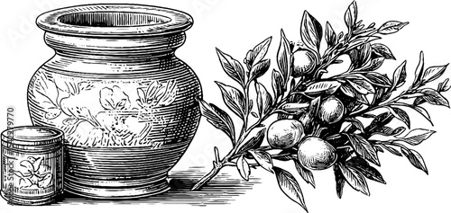 Gothic juniper berry pot and french bay leaves illustration for botanical design