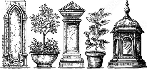 Vintage architectural elements featuring gothic arches and egyptian obelisks for artistic design