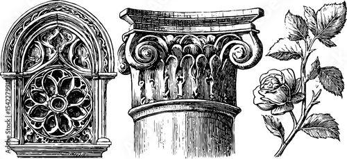Intricate gothic and renaissance architectural elements featuring rose window and column tracery