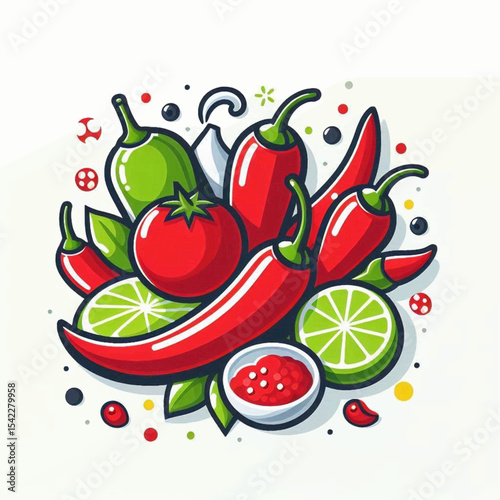 Vibrant still life red chili peppers green limes tomato bowl with red condiment Bold outlines bright colors