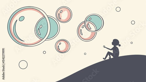 A child sits on a hill blowing bubbles that float in the air with pink and blue outlines in the daylight