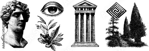 Classical greek art elements: bust, columns, and olive branch composition